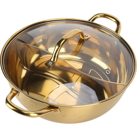 Fondue chinoise en acier inoxydable doré, marmite double compartiment avec couvercle, idéale pour hotpot, cuisson séparée, 2-en-1 (1/5)
