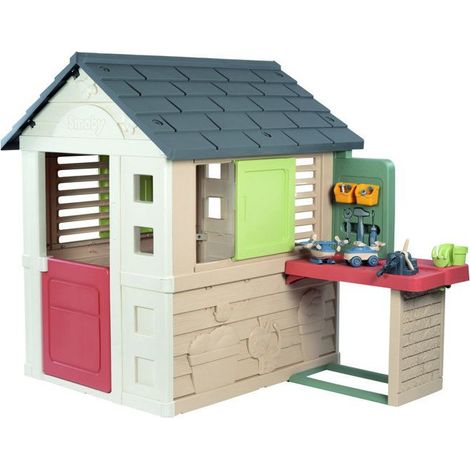 Maisonnette pour enfant avec atelier – Dimensions 151x111x127 cm – Matériau recyclé avec traitement Anti-UV – 39 accessoires inclus – Smoby