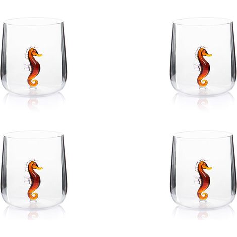 Lot de 4 verres en verre borosilicaté, décorés à la main avec des sujets intérieurs au verre, transparent, 450 ml (hippocampe) (1/5)