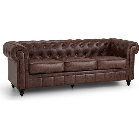 BarberPub Chesterfield Sofa 3-Sitzer 208cm, Wartebank Friseur Vintage, Sitzbank mit Rückenlehne & Armlehne Couch 3-er,W536 (Braun/Mikrofaser) (1/5)