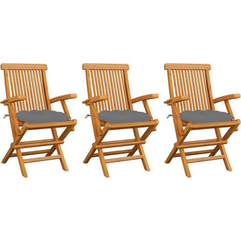 Lot de 3 Chaises de jardin avec coussins gris - Chaise d'extérieur pour terrasse/jardin Bois de teck massif BV429958 - BonneVie (1/5)
