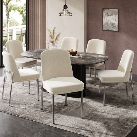 Lot de 6 chaises salle à manger, assise épaisse velours beige, Cadre en métal argenté chromé (1/5)
