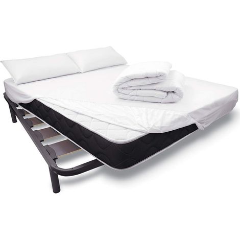 Pack lit Complet avec Matelas Pocket Visco + sommier renforcé + Drap de Protection réglable Tencel + garnissage Nordique + Oreiller 90 x 190 (1/5)