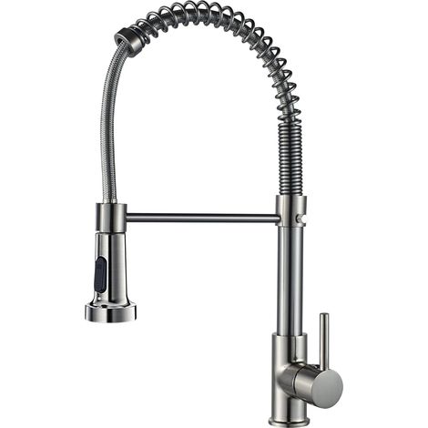 Robinet de cuisine ressort à poignée unique avec douchette extractible mitigeur d'évier brossé laiton Argent (1/4)