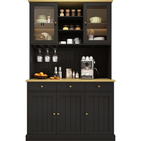 CHICFURN Vitrina aparador alta 120 x 40 x 191 cm con puertas de vidrio, soporte para copas, 2 enchufes, USB-A y USB-C, estantes regulables para comedor, cocina o salón (1/5)