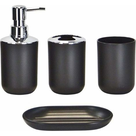 Modern Design 4 Piece Bathroom Accessories Set Lotion Bottles, Toothbrush Holder, Tooth Cup, Soap Dish, Black-Four