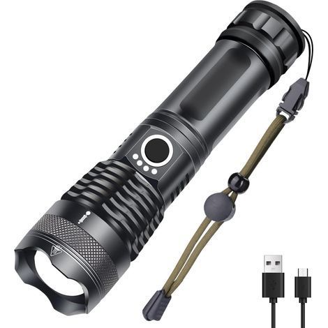 Lampe de poche, torche LED rechargeable par USB extra puissante 1000 lumens XHP50, 5 modes IP65 zoom militaire étanche pour camping randonnée (batterie rechargeable 18650 incluse) (1/5)