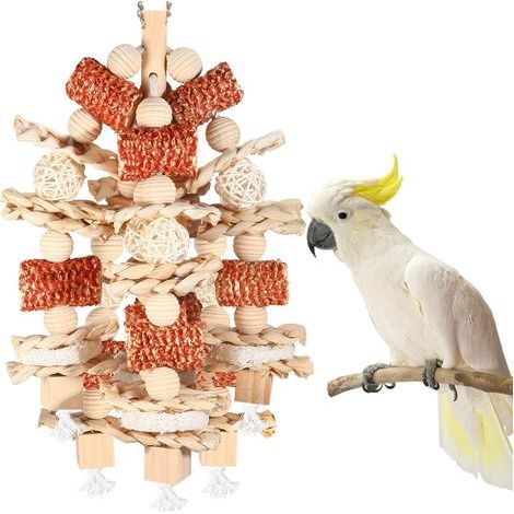 1 Jouet perroquet, épi maïs naturel, luffa, rotin, perles bois, crochet suspension, cage oiseau (1/5)