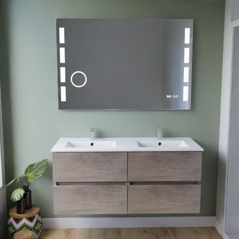 Doppelwaschtisch komplett aus Edelstahl 120 cm ROSINOX + LED-Spiegel Excellence Ò Holz Ò Keramik-Sp∏lbecken (1/5)