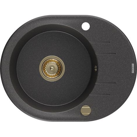 Mexen Kevin fregadero de granito de 1 cubeta con escurridor 586 x 458 mm, negro moteado, sif贸n dorado - 6517581005-76-G (1/5)