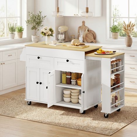 Isla de cocina con encimera extensible, carrito de cocina con ruedas, 2 cajones, 4 puertas, blanco.