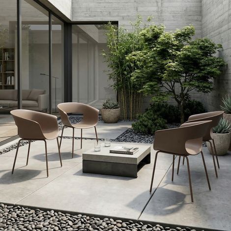 Sedie da giardino, set da 4, sedie ergonomiche da balcone con design traforato, braccioli, resistenti alle intemperie, antiruggine, caffè