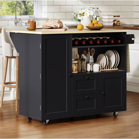 Isla de cocina móvil MDF con encimera abatible, 2 cajones, botellero y ruedas 104x45(69)x89 cm (1/5)