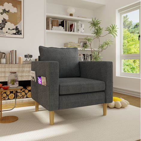 Poltrona 71x68x82 cm grigia in ciniglia con tasca laterale e cuscino schienale (1/5)