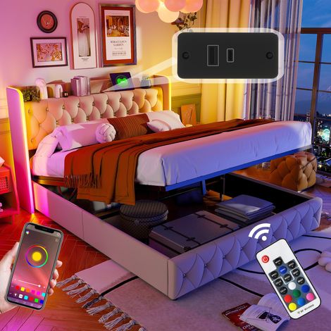 Letto contenitore 160x200cm, testiera con illuminazione LED, porta di ricarica USB-C e ripiano, tessuto in similpelle, rete a doghe, letto per adulti in stile moderno, bianco
