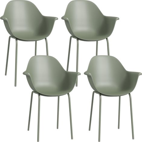 Ensemble de 4 chaises de jardin avec dossier et accoudoirs, résistantes aux intempéries, supportant jusqu'à 120 kg, en plastique et métal, vertes. (1/5)