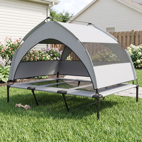 Lit pour Chien Surélevé Tente pour Chien avec Auvent Tente 3 Côtés Respirant Textilène Sac 122x92x94cm Gris Clair (1/5)