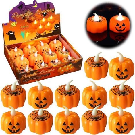 Lanternes à bougies citrouille à batterie, 12 bougies d'Halloween à la citrouille, décoration d'Halloween à scintillement blanc (1/5)