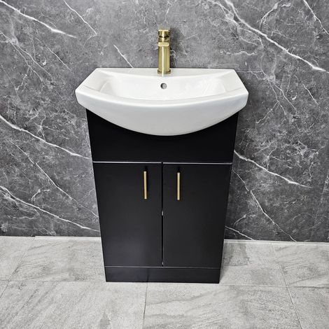 Black Vanity Unit 550mm with Ceramic Basin with Brushed Brass Handles Bathroom, Without Tap