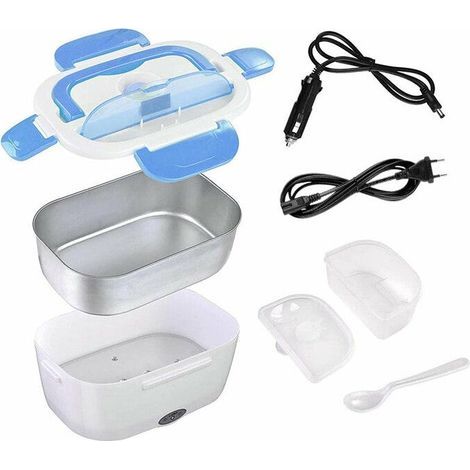 75 W elektrische Lunchbox für Auto, LKW, Büro, Schule – 3-in-1 beheizte Lunchbox aus Edelstahl, 12 V, 24 V und 220 V – 1,5 l Essensbox mit zwei Fächern und Isolierbeuteln (blau)