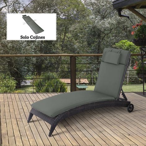 Cuscino per lettino prendisole da esterno Outsunny 198x53x5 cm, fodera sfoderabile e lavabile con poggiatesta sfoderabile, cuscino pieghevole in cotone SOLO per sedia a sdraio da giardino, grigio (1/5)