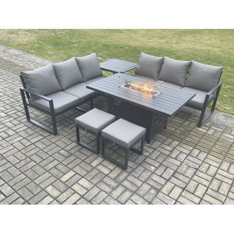 Fimous Aluminium 8 Seater Outdoor Garden Furniture Lounge Sofa Set Gas Fire Pit Dining Table with 2 Small Footstools Side Table Dark Grey (1/5)