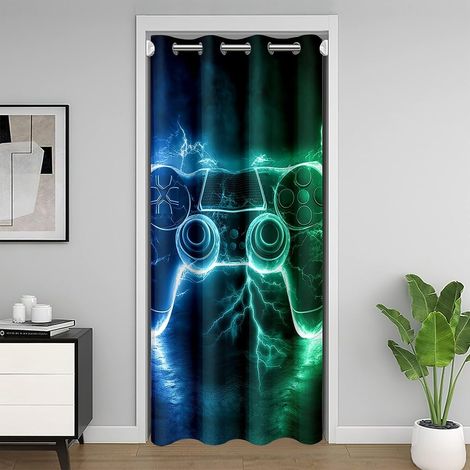 Gamer Bleu Vert Rideau Occultant Rideaux Gaming Rideau de Porte 106x203cm pour garçons Filles Gamepad Décor de Chambre - 106L X 203H cm (1 Panneaux) (1/5)