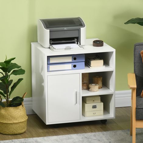 Soporte para impresora HOMCOM, organizador de escritorio, armario con puerta, 3 estantes + amplia superficie superior, tablero de partículas blanco.
