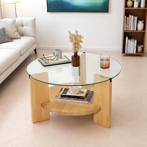 Table basse ronde en verre et bois clair - 2 plateaux ANZIO (1/5)