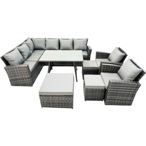 Fimous 11 Seat Rattan High Back Corner Sofa Set Patio Dining Table Set with 3 Stools Dark Grey Mixed (1/5)