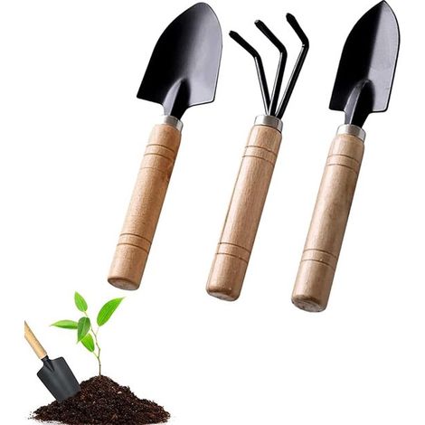 Ensemble de 3 outils de jardin - Mini ensemble d'outils de jardin - Pelle de jardin - Râteau - Spatule - Trident - Truelle en bois - Idéal pour le jardinage, les bonsaïs, les pots de fleurs, les fleur (1/5)