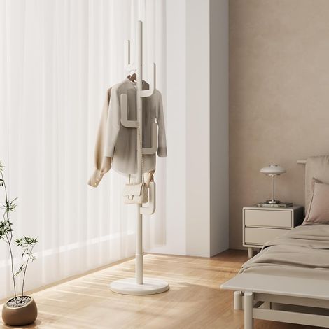 Coat Rack, Wooden Entrance Clothes Rack, Cactus with 3 Height Options and 8 Hooks, Free Standing Coat Rack for Clothes/Bags/Hats, White (1/5)