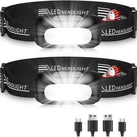 Lampada frontale, [confezione da 2] Lampada frontale a LED ricaricabile ultra potente con 3 modalità, luce bianca e impermeabile IPX4, lampada frontale regolabile a 60° per la corsa, per adulti/bambin (1/4)