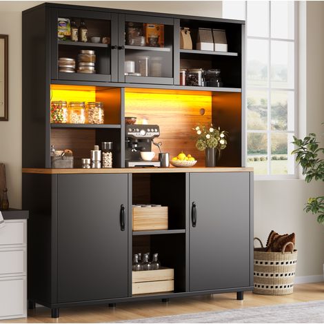 Buffet de cuisine 140x40x185 cm avec LED USB et contrôle par appli, portes coulissantes, MDF noir