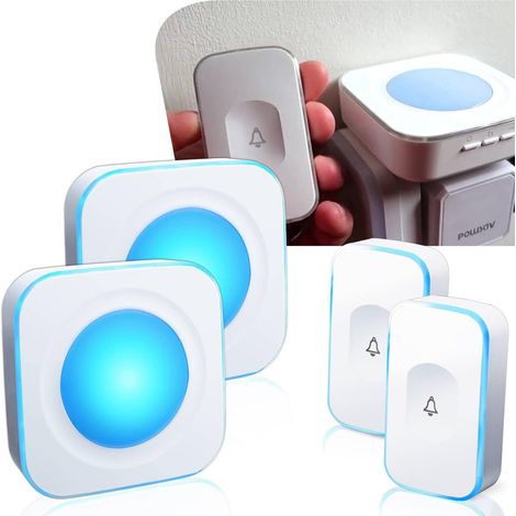 Sonnette tactile sans fil pour la maison, sonnette intelligente à LED clignotante pour animaux de compagnie (2 récepteurs et 2 boutons, blanche)