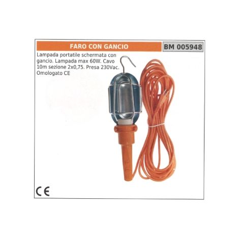 60W tragbare abgeschirmte Lampe mit Haken - 10m Kabel - 230Vac Steckdose 005948