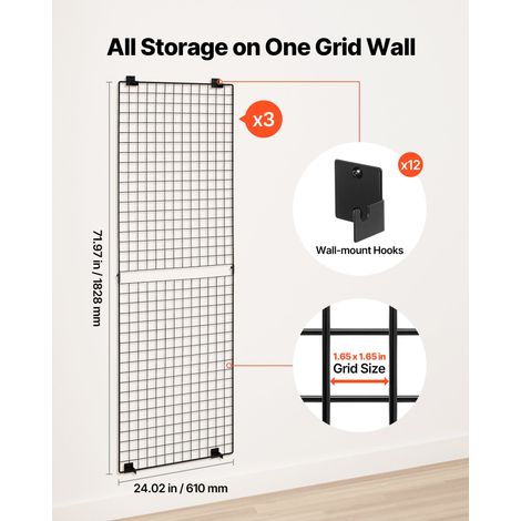 Grille Murale Décorative Lot de 3PCs 61x182,8 cm, Panneau Grillagé Mural en Acier Carbone, Porte Photo Pêle-mêle, pour DIY Décorati… (1/5)