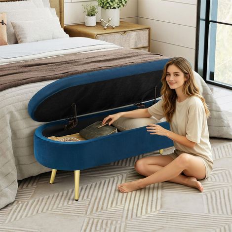 REDOM Panca contenitore 110x40x42 cm, vano da 20 L, coperchio idraulico, gambe in legno massello, ciniglia blu scuro