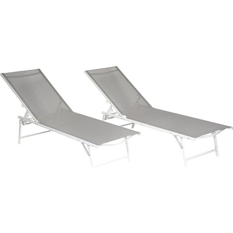Happy Garden – Lot de 2 bains de soleil pliants en textilène gris – Structure acier blanche – Dossier inclinable 5 positions – Résistant UV et déperlant