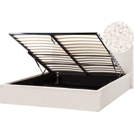 Cama tapizada de bouclé 160 x 200 cm con cabecero almacenaje elevable blanco crema Orbey (1/5)