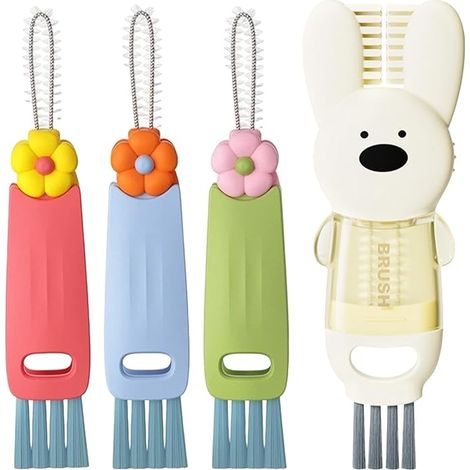 3-in-1 Cup Lid Gap Cleaning Brush Set – 4 PCS Multifunctional Water Bottle & Crevice Cleaning Brush for Tight Spaces, Home Kitchen Use (3 Petal-Shaped + 1 Rabbit-Shaped U-Brush)