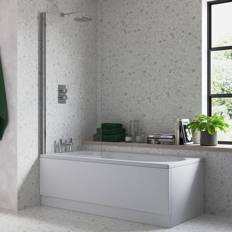 Signature Single Square Hinged Bath Screen 1400mm High x 800mm Wide - Chrome (1/5)