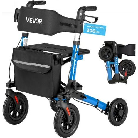 Rollator 3-Fach Faltbar mit Sitz, Leichter Gehwagen mit 4 Reifen, Gehhilfe bis 136 kg mit Rückenlehne Tasche Gehstockhalter, Höheverstellbare Laufhilfe mit Feststellfunktion für Senioren, Blau (1/5)