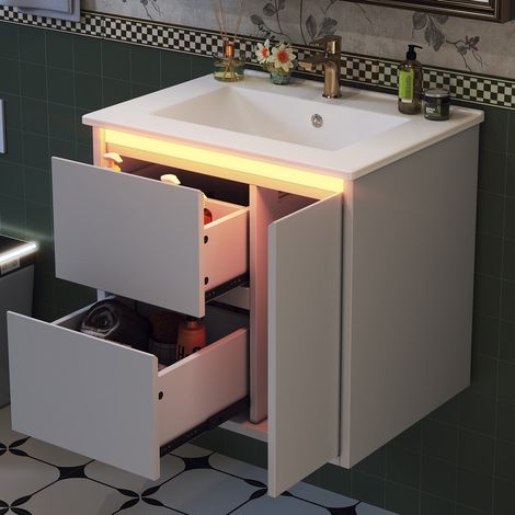 Mueble de baño mural 61 x 46,5 x 57 cm, 2 cajones, 1 armario, LED con sensor, blanco OKMYHOME (1/5)