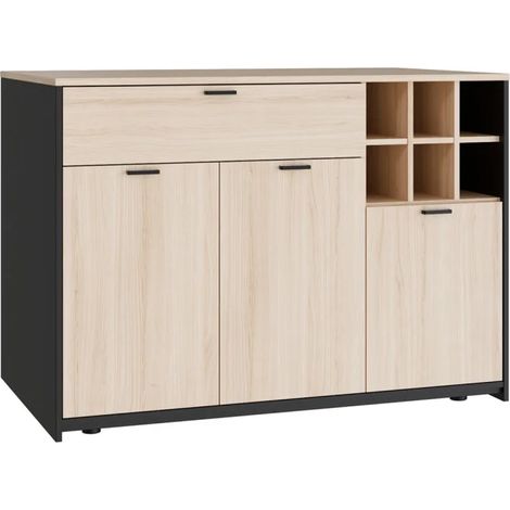 Ilot central rangement 3 portes 1 tiroir décor bois clair et noir - KEMA
