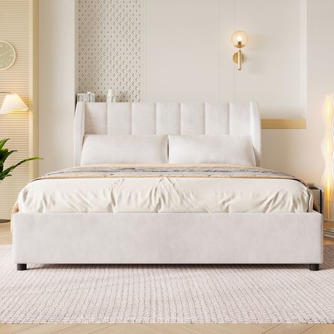 Lit plateforme capitonné 140x200 cm en velours français, cadre stable avec sommier, beige, design élégant et confort optimal pour chambre moderne (1/5)