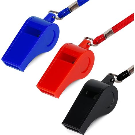 3 Pièces Sifflets en Plastique avec Cordon, Sifflet de Sport pour Entraîneur Survie Urgence Sport pour Arbitre Entraîneur Dressage de Chiens (Rouge, Bleu, Noir) (1/5)
