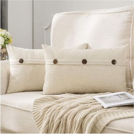 Lot de 2 Blanc 30x50cm , Housses de Coussin en Lin avec Boutons Décoratives Taie d'oreiller Tissu Lin Carrées Décor Décoratifs pour (1/5)