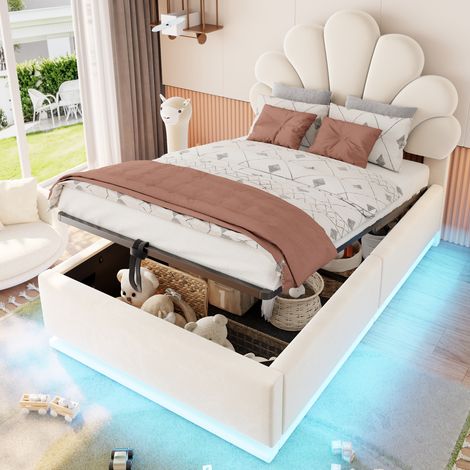 Letto contenitore 90 x 200 cm con testiera a fiore, LED, velluto beige DESVIAE (1/5)