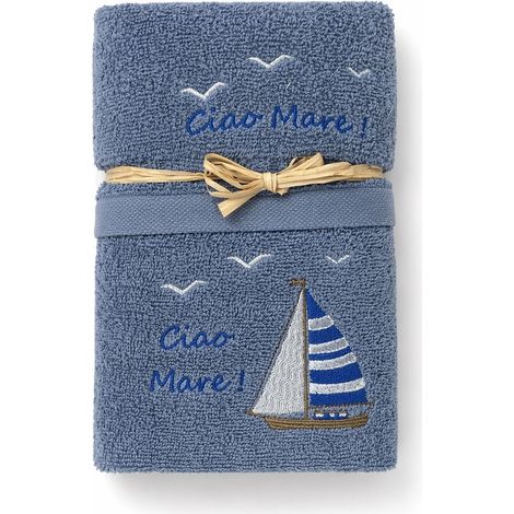Set Asciugamani Bagno Blu “Ciao Mare” in Spugna 100% Cotone, Ricamo Barca a Vela, Made in Italy, Idea Regalo (1/5)